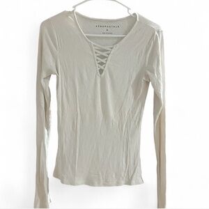 Aeropostale White Ribbed Long Sleeve V-Neck Top | M